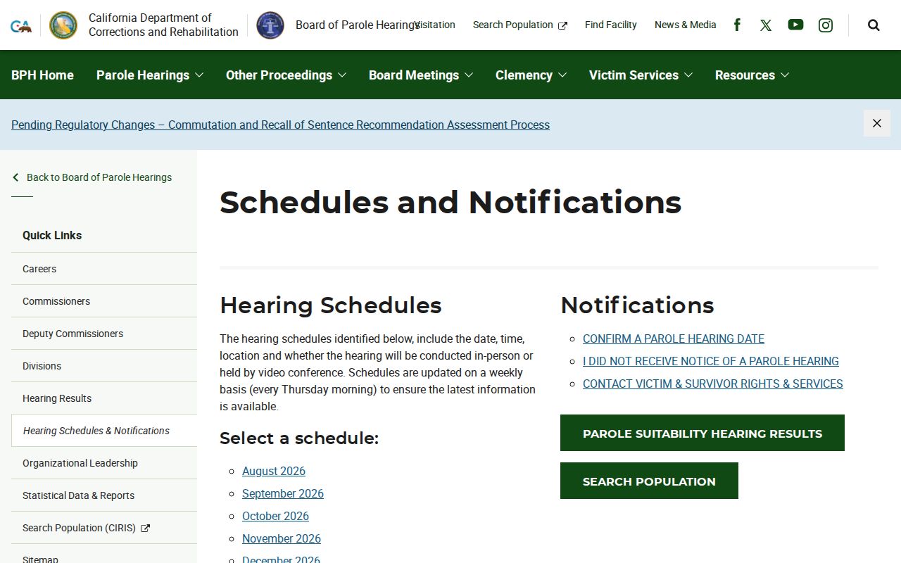 California parole hearing schedule used before inmate release
