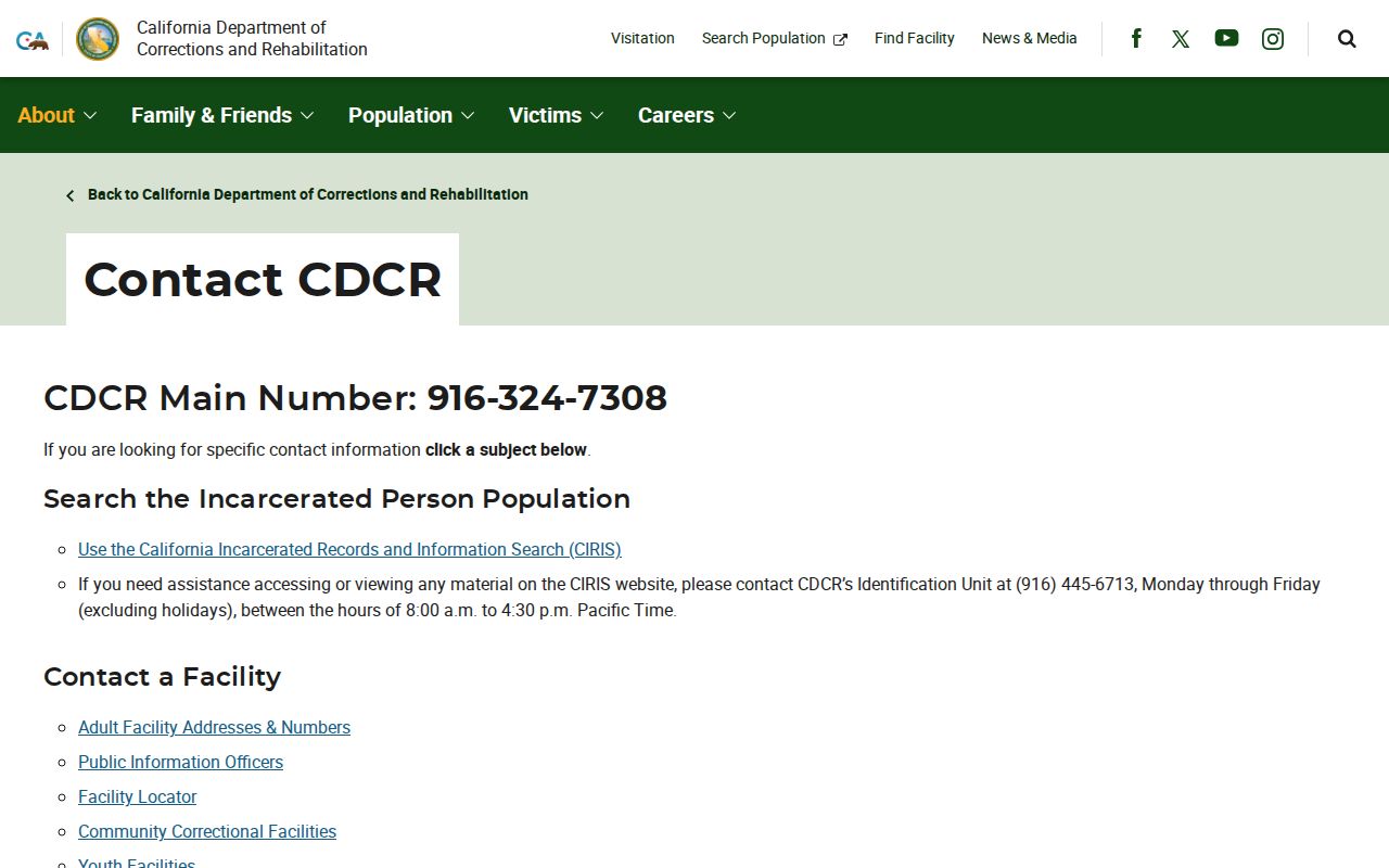 California CDCR Identification Unit and release records contacts